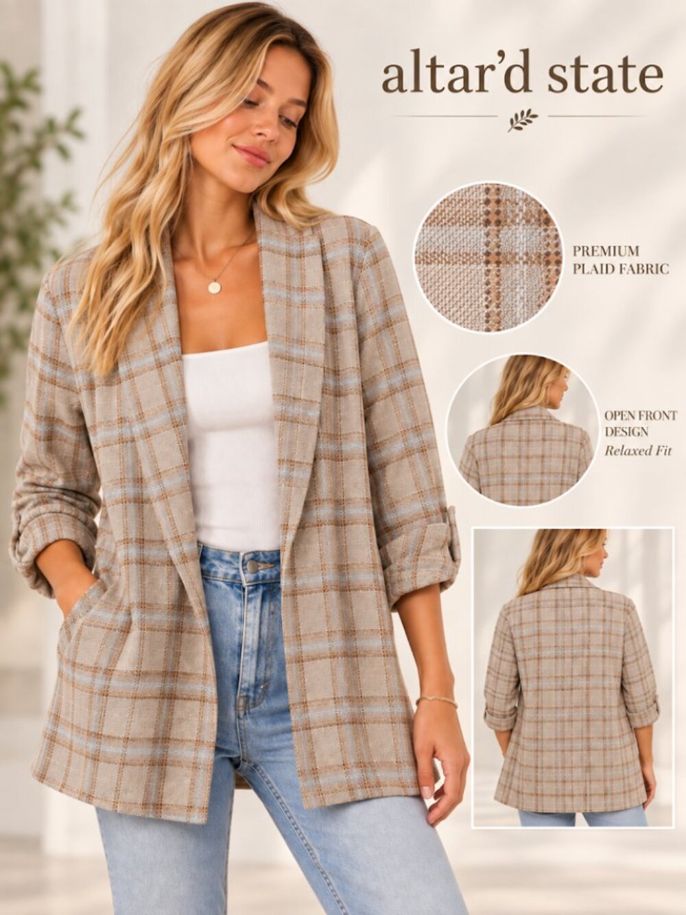 Altar'd State Beige Plaid Shawl Collar Blazer with Ruched Sleeves - Size S
